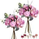 Purple Peonies Artificial Flowers 21pcs Fake Silk Peonies with Eucalyptus & Stems - Faux Flowers Centerpieces for Table Vase Home Bouquet Cemetery Grave Headstone Floral Arranging Crafting Decorations