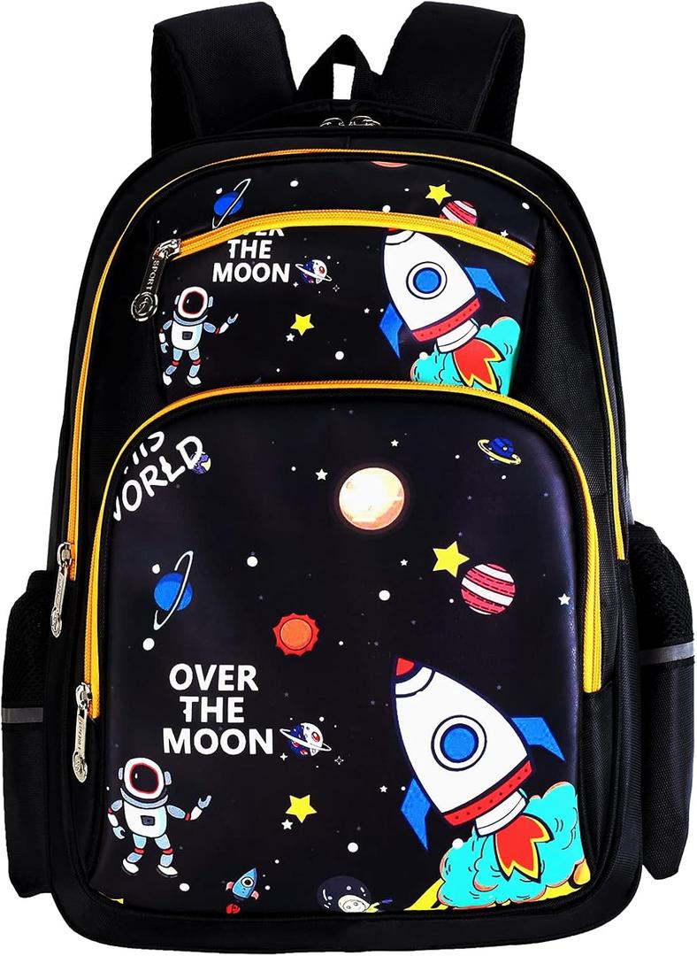 Rafaelle Kids Backpack for Boys Elementary Kindergarten with Astonauts Outer Space Ship Alien Galaxy Prints Large Capacity Preschool School Bag (black, 16 * 12 * 7 Inch / 40 * 30 * 17 cm)