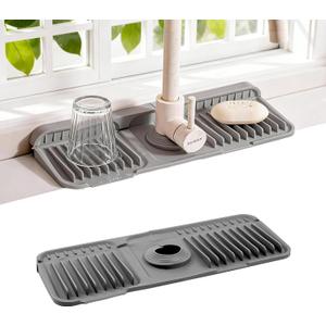 ZJWZLG Faucet Mat for Kitchen Sink, 14"X5.5" Silicone Sink Splash Guard with Soap Holder, Snap-On Design & 7°slope Fast Drain, Folding Sink Faucet Mat for Universal Kitchen Bathroom Sink（Grey）