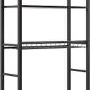 4-Tier Over-the-Toilet Storage Rack with One-Piece Wooden Shelves & Open Net Basket, Bathroom Organizer with Adjustable Feet & Anti-Tip Kit, Space-Saving Toilet Shelf, Black, 24.4" x 9.4" x 69.3"