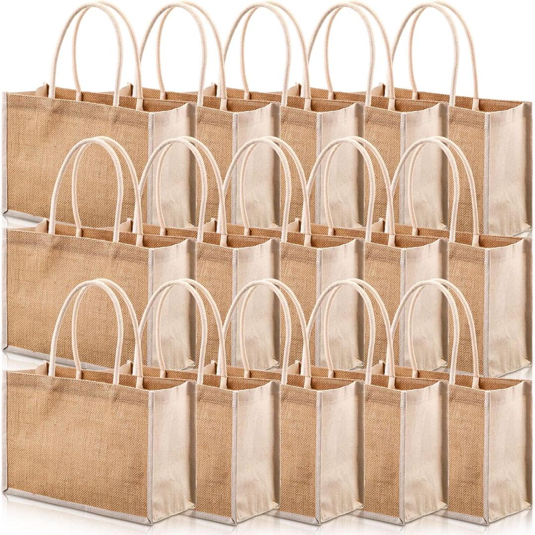 Reginary 16 Pcs Jute Tote Gift Bags Natural Burlap Grocery Shopping Bag Beach Tote with Handle for Bridesmaid Wedding Travel (Beige Trim)