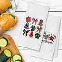 Christmas Dog Kitchen Towels - Set of 2, Coquette Bows Christmas Tree Hand Dish Towels, 16x24 Inches