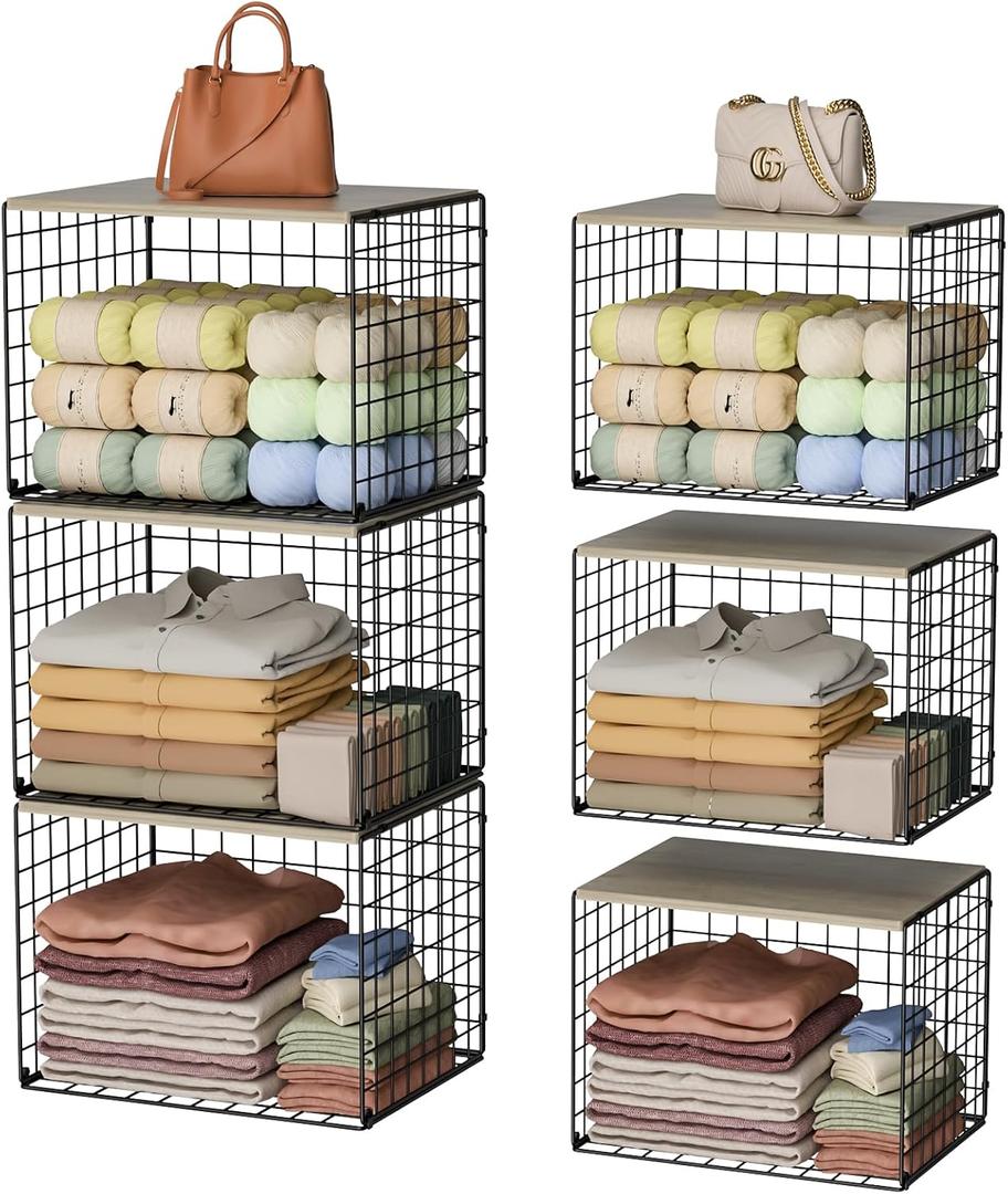 Extra-Long Closet Organizers and Storage with Top Board, 3 Pack Stackable Closet Shelf Organizer, Double Storage Design Clothes Storage Cube/Bin Organizer for Wardrobe,Space-Saving, Black,Sturdy,Metal (15.74"L*12"W*12.2"H)