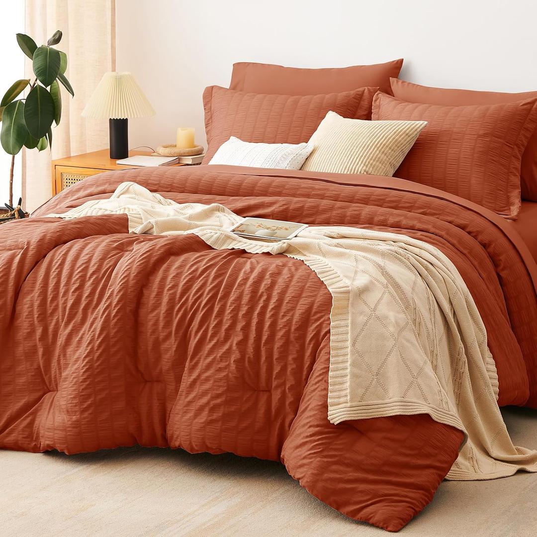 CozyLux Queen Comforter Set Burnt Orange Seersucker 7 Pieces Bed in a Bag Queen Comforter Set with Sheets Terracotta Luxury Bedding Set with Down Alternative Comforter, Sheets, Pillowcases & Shams