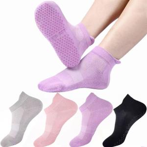 4 Pairs Grip Socks Pilates Socks for Women Non Slip Yoga Athletic for Barre Travel (US, Numeric, 5, 9, Regular, Regular, 4, Purple/ Pink/ Black/ Grey)