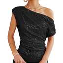GRACE KARIN One Shoulder Sequin Sparkly Tops for Women Ruched Asymmetrical Glitter Tops Slimming Sparkle Party Shirts Black, XXL
