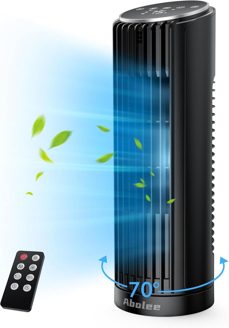 Abolee Tower Fan for Bedroom, 23ft/s Desk Fan with Remote, 70 Oscillating Desk Fan, 4 Speeds, 4 Modes,12Timer, 13'' Bladeless Portable Fan for Bedroom Office Home Black