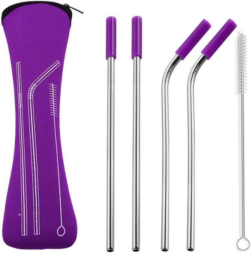 Set of 4 Pieces Stainless Steel Straws,Reusableï¼ŒWith Cleaning Brush and Zipper Pouch Bag(Purpleï¼‰