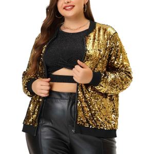 Agnes Orinda Plus Size Sequin Bomber Jackets for Women 2025 Sparkle Shiny Glitter Party Concert Outfits (4X, Gold)