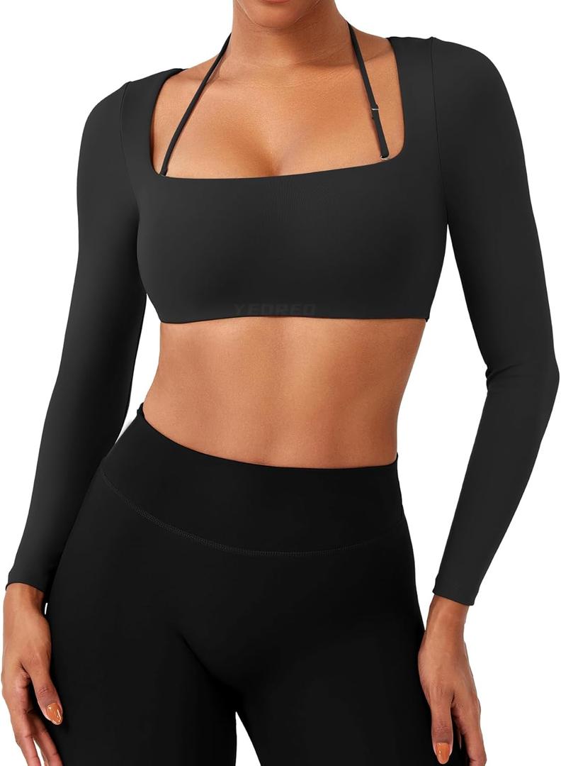 YEOREO Long Sleeve Crop Tops for Women Square Neck Workout Yoga Cropped T Shirt Top Padded Halter Neck with Detachable (X-Small, Black)