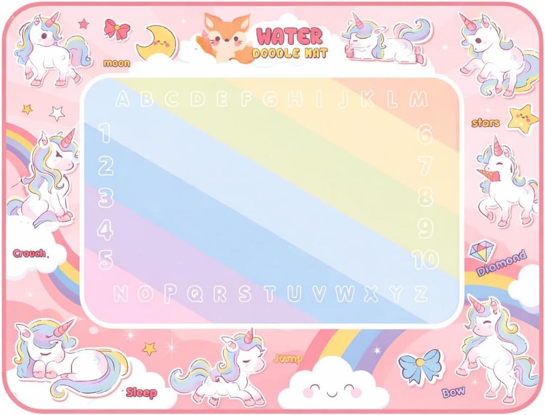 Water Doodle Mat for Kids  Mess Free Reusable Drawing & Writing Board, Neon Aqua Magic Coloring Mat, Educational Preschool Learning Toy for Toddlers Boys & Girls (Unicorn)