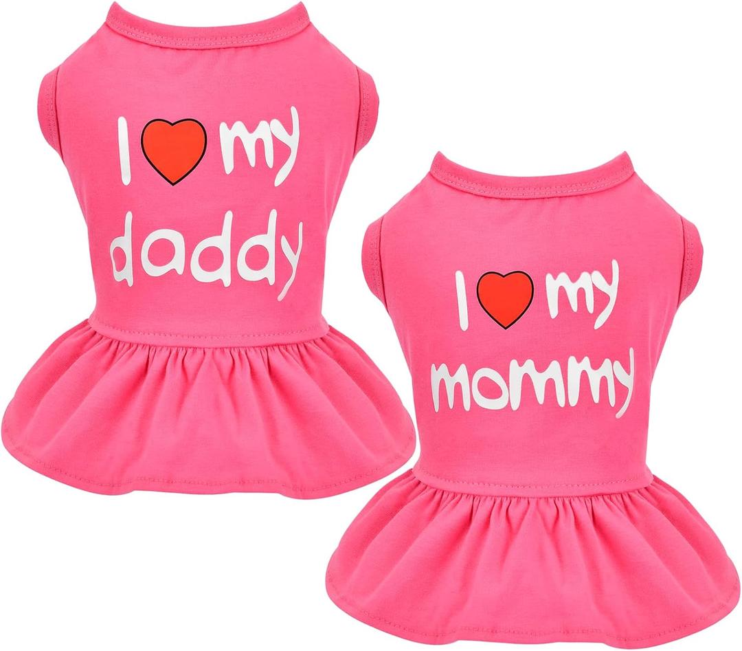 Dog Dresses for Medium Dogs Girl, 2-Pack Pink Clothes Small Girl Summer I Love My Mommy Daddy Puppy Dress Shirt Lightweight Pet Outfit Cat Apparel(XS) Hot Pink