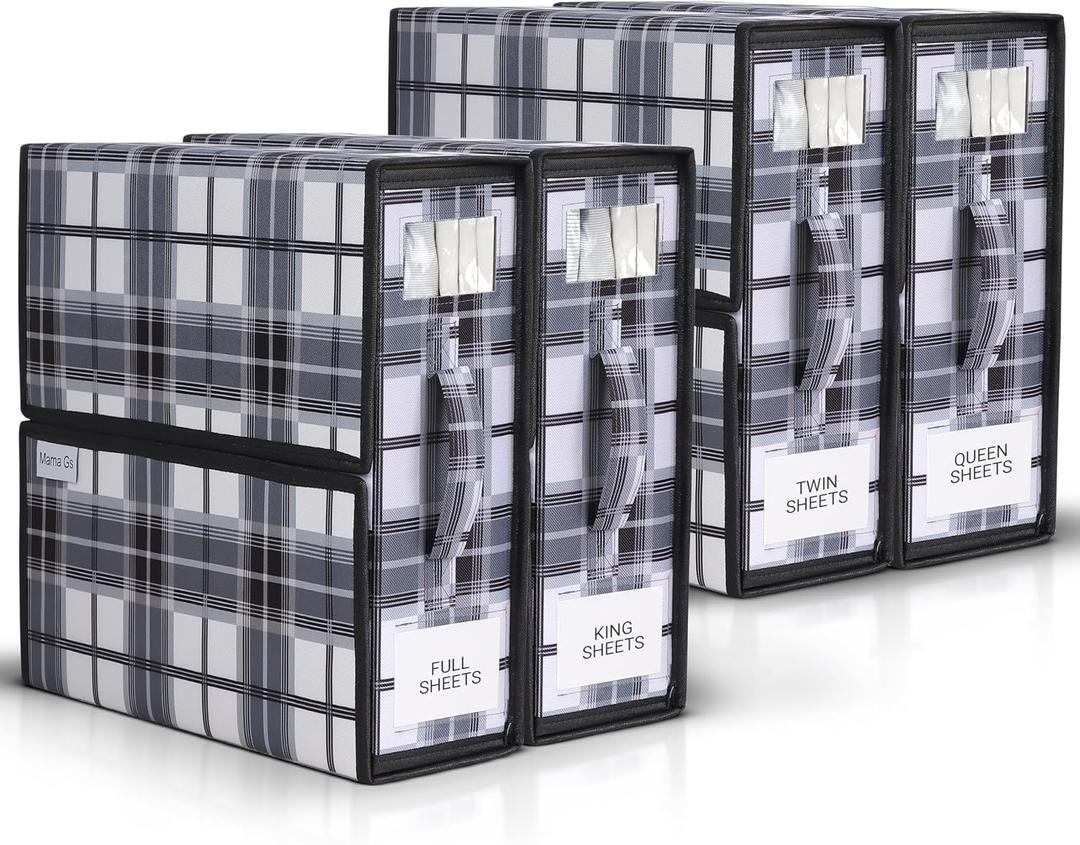 4 Pack Bed Sheet Organizer and Storage with Zipper – Linen Closet Organizers for Full, King, Queen & Twin Sheet Sets, Bedding Storage for Blankets and Duvet Covers, Black