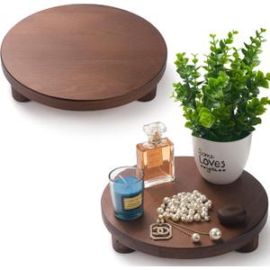 Wood Riser for Decor, 2 Pack Wood Pedestal Stand for Display, Round Wooden Tray for Kitchen Counter, Wooden Pedestal Stand for Plant Pot Indoor (Round - Brown)
