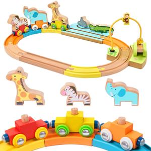 Wooden Train Set for Toddlers Magnetic Train Car Toys for Toddler, Montessori Toys, Accessories fits Melissa and Doug, fits Brio, fits Thomas, for Boys Girls 18+ Months (Animal Wooden Train Set)