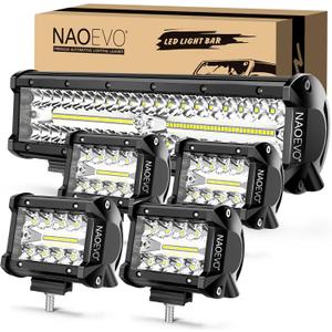 NAOEVO 12 Inch LED Light Bar and 4PCS 4 Inch LED Pod Lights, 54000LM LED Fog/Driving/Off Road Lights, Triple Row Spot Flood Combo LED Light Bar for Truck Car UTV ATV Boat, 1 Year Warranty