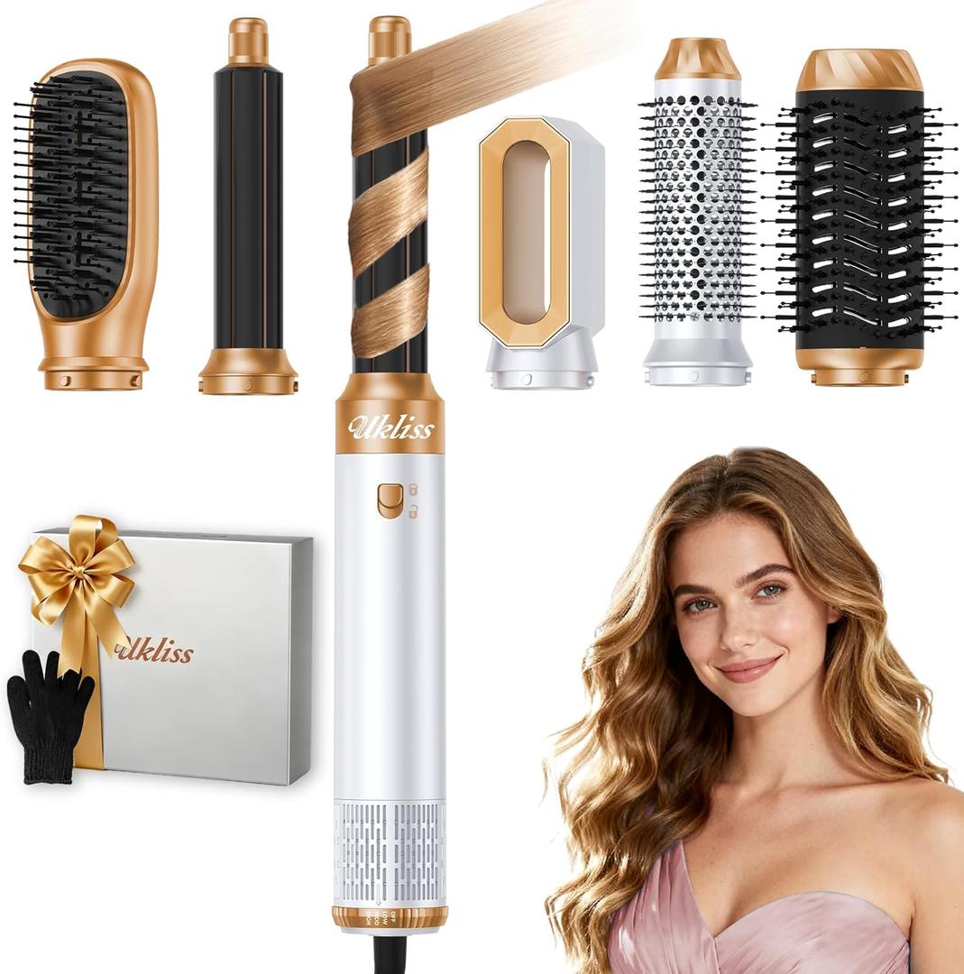Ukliss Hair Dryer Brush 6 in 1, Hot Air Brush & Styler with ALCI Safety Plug, Ionic Blow Dryer Brush for Frizz Free Salon Blowout, Volumizing & Auto Curls, for Fine to Normal Hair,White