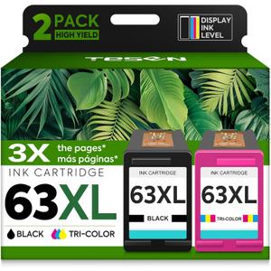 TESEN 63XL Ink Cartridge Replacement for HP Ink 63 HP63 HP63XL Compatible for HP Officejet 4650 5258 5200 3830 5255 4655 4652 5252 Deskjet 3630 3634 1112 Envy 4510 4520 Printer 2-Pack Black Tri-Color