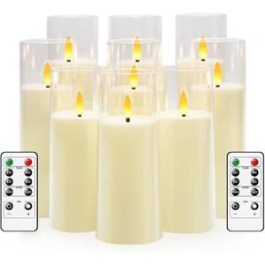 Kakoya Flickering Flameless Candles Battery Operated with Remote and 2/4/6/8 H Timer Plexiglass Led Pillar Candles Pack of 9(D2.3 xH5.5 6.5" 7.5") with Realistic 3D Wick Candles for Home Decor(Ivory)