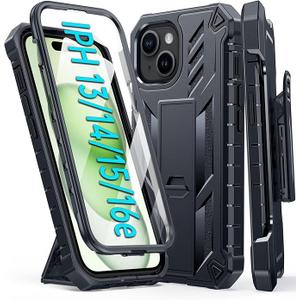 FNTCASE for iPhone 15 Phone Case: for iPhone 14 & 13 & 16e Case Military Shockproof Protective Rugged Cell Phone Cover with Kickstand & BeltClip Holster, Heavy Duty Hard Cases 5G  6.1 Inch Black
