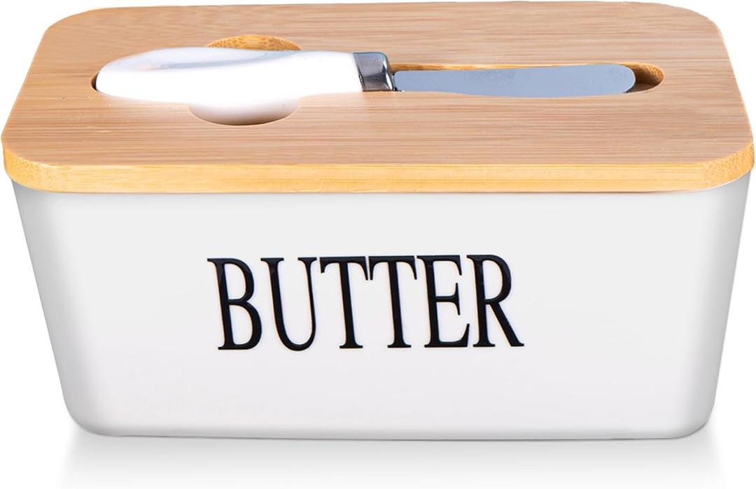Covered Butter Tray – Large Countertop Butter Dish | High-Quality Silicone-Sealed Ceramic Butter Container with Stainless Steel Knife | White Kitchen Storage & Decorative Gift