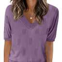 Yincro Womens Short Sleeve Sweaters Fall Summer Tops V Neck Lightweight Knit Pullovers(Misty Purple, L) (Purple, L)