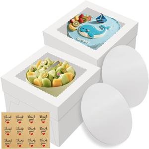 2 Pack Cake Boxes, 12x12x8 Inches Tall Cake Box with Cake Boards, White Bakery Boxes with Large Window, Disposable Cakes Transport Containers with Lids, for Cookies, Pies, Wedding, Birthday