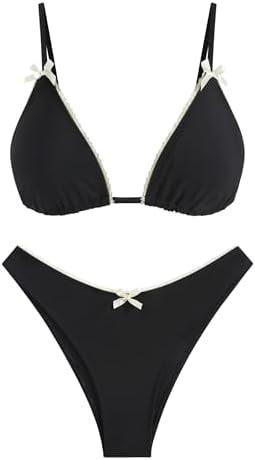 ZAFUL Women's String Triangle Bikini Sets Sexy Triangle Textured Tied High Cut Swimsuit Brazilian 2 Piece Bathing Suit M