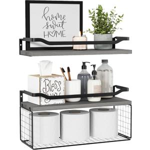 WOPITUES Floating Shelves with Wire Storage Basket, Bathroom Shelves Over Toilet with Protective Metal Guardrail, Wood Wall Shelves for Bathroom Organizers and Storage, Toilet Paper- Gray (15.7 inch, Modern Grey)