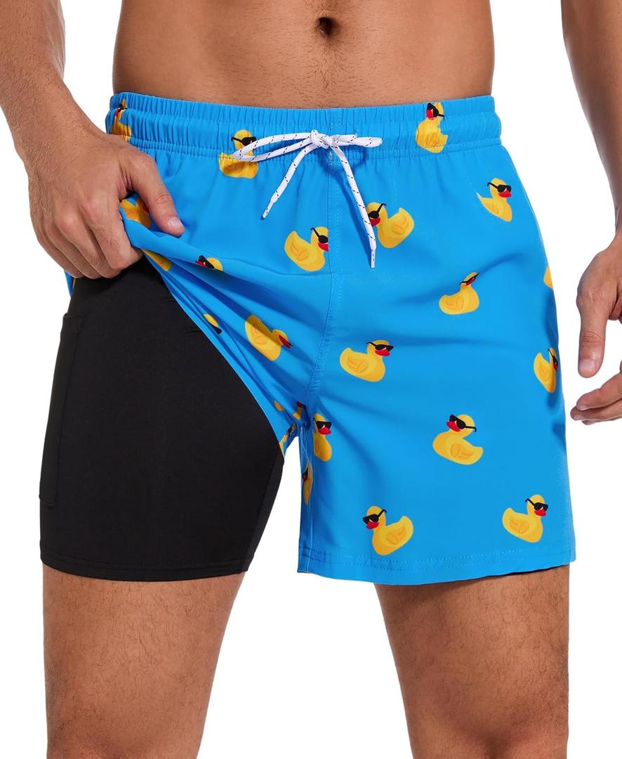 Aueyan Funny Swim Trunks for Men,Mens Swim Shorts Blue Bathing Suit Duck Printed Swimming Trunks Fun Swimsuit Short 5 inch Inseam Board Shorts with Pockets and Mesh Lining,Small
