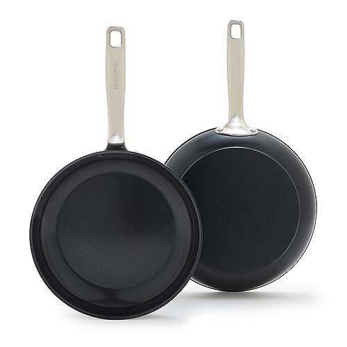 GreenPan Chatham Prime Midnight 8" and 10" Frying Pan Set, Hard Anodized Ceramic Nonstick, PFAS-Free, Dishwasher Safe, Oven Safe, Healthy Cooking Skillet for Eggs and Omelets, Black