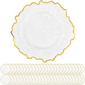 50 Pack Clear Charger Plates Bulk, 13" Plastic Reef Chargers for Dinner Plates, Round Charger Plate with Gold Rim Floral Reef Design for Dinner Wedding Party Table Setting Decoration
