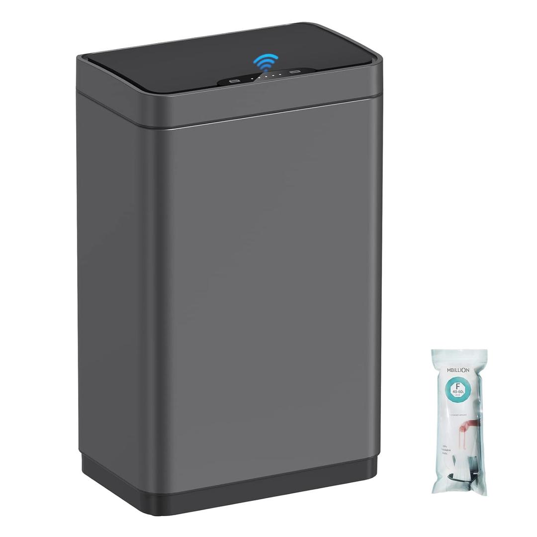 Mbillion Automatic Trash Can - 15 Gallon Motion Sensor Stainless Steel Smart Trash Can With Lid Rectangular Touchless Garbage Can for Kitchen, Bedroom, Home Office - Dark Gray
