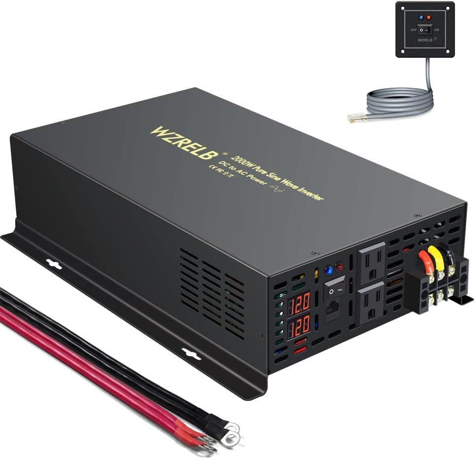 WZRELB 2000W 12VDC 120VAC Pure Sine Wave Power Inverter with 2 AC Outlets Wired Remote Control Car Inverter (RBP-200012WR)
