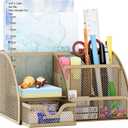 EasyPAG Mesh Desk Organizer with Drawer Multi-functional Pen Holder Stationery Organizer for Office School Supplies 6 Compartments Dorm Organizers and Storage for Desk, Gold