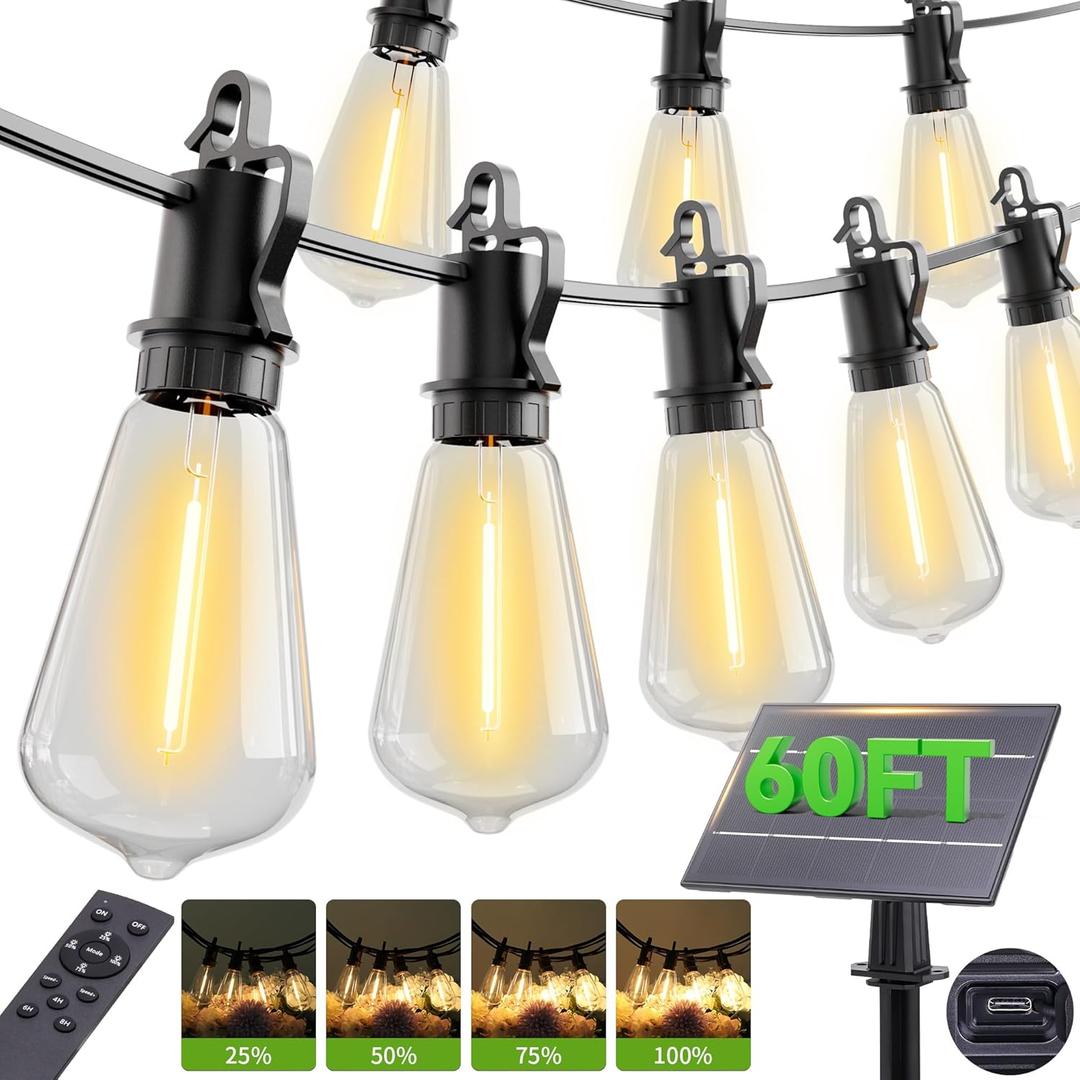 60FT Solar String Lights Outdoor Waterproof with Remote,Shatterproof ST38 20 LED Bulbs,2700K Dimmable Solar Lights Outdoor,Outside Hanging Lights for Patio,Garden,Camping,Deck,Backyard Decor