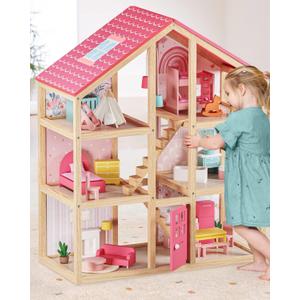 Tiny Land Wooden Dollhouse for Girls - 6 Rooms Wooden Doll House, DIY Pretend Doll House with 31Pcs Furniture Accessories, Creative Gift for Girl Ages 3+ (Pink)
