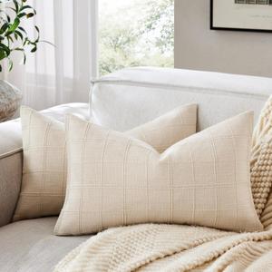 ZeeMart Linen Checked Lumbar Throw Pillow Covers Set of 2, 12x20 Inch Allover Grid Beige, Farmhouse Decorative Double Sided Grid Embroidered Couch Pillow Cases Beige Cotton Linen Cushion Covers