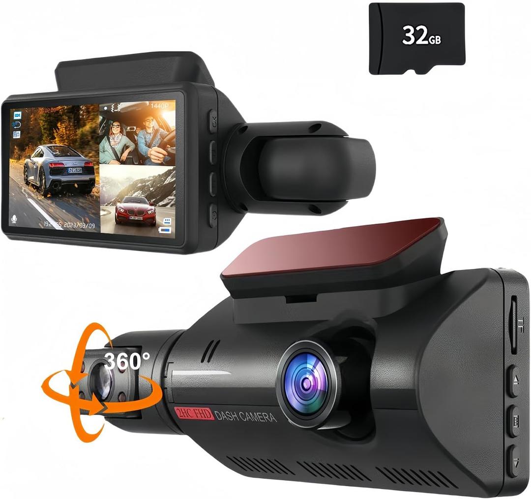 360 Rotating Dual Dash Cam for Cars, 2 Channel Front and Inside Car Camera with 1440P, 170 Wide Angle, Night Vision, Built-in WDR, Free 32GB Card