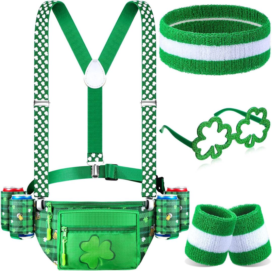 Chunful 10 Pcs St. Patrick's Day Fanny Pack Shamrocks Belt Bag Fanny Pack with Suspenders Drink Holder Headband Wristband (Green)