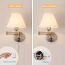Swing Arm Wall Sconces, Plug-in Wall lamp,Bedroom Wall lamp White Fabric Shadewith dimmable Switch and USB Charging Port, Suitable for Bedside, Living Room, Reading (Nickel)