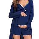 SWOMOG Womens Maternity Robe Set 3 Piece Nursing Pajamas for Breastfeeding 3 in 1 Labor Delivery Hospital Pregnancy Pjs Navy Blue, Size XL