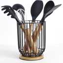 WDT Tool Utensil holder for Kitchen CounterLarge Utensils Holder For Farmhouse Cooking, Utensil Caddy Spatula Holder (Metal+Bamboo-1)