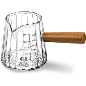 Espresso Measuring Cup 12 Oz, Espresso Glass Cups with Wood Handle, Milk Frothing Cup, Espresso Cup for Coffee, Milk, Tea or Maple Syrup Serving (Transparent, 12 oz)