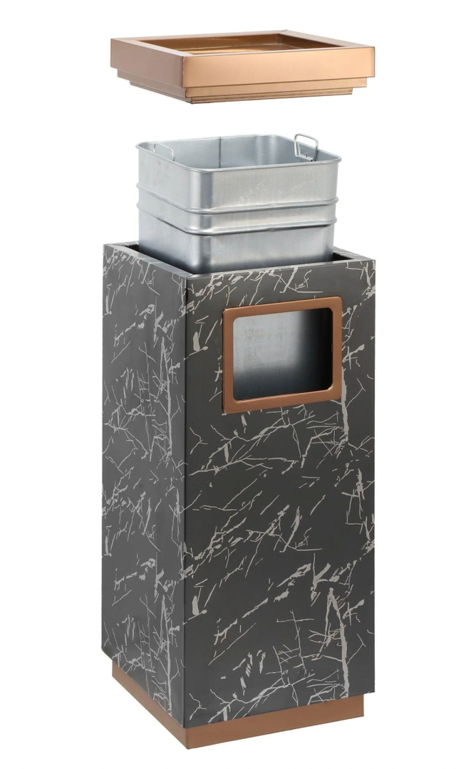 15 Gallon Black Marbling Stainless Steel Trash Can with Ashtray for Hotel Lobby
