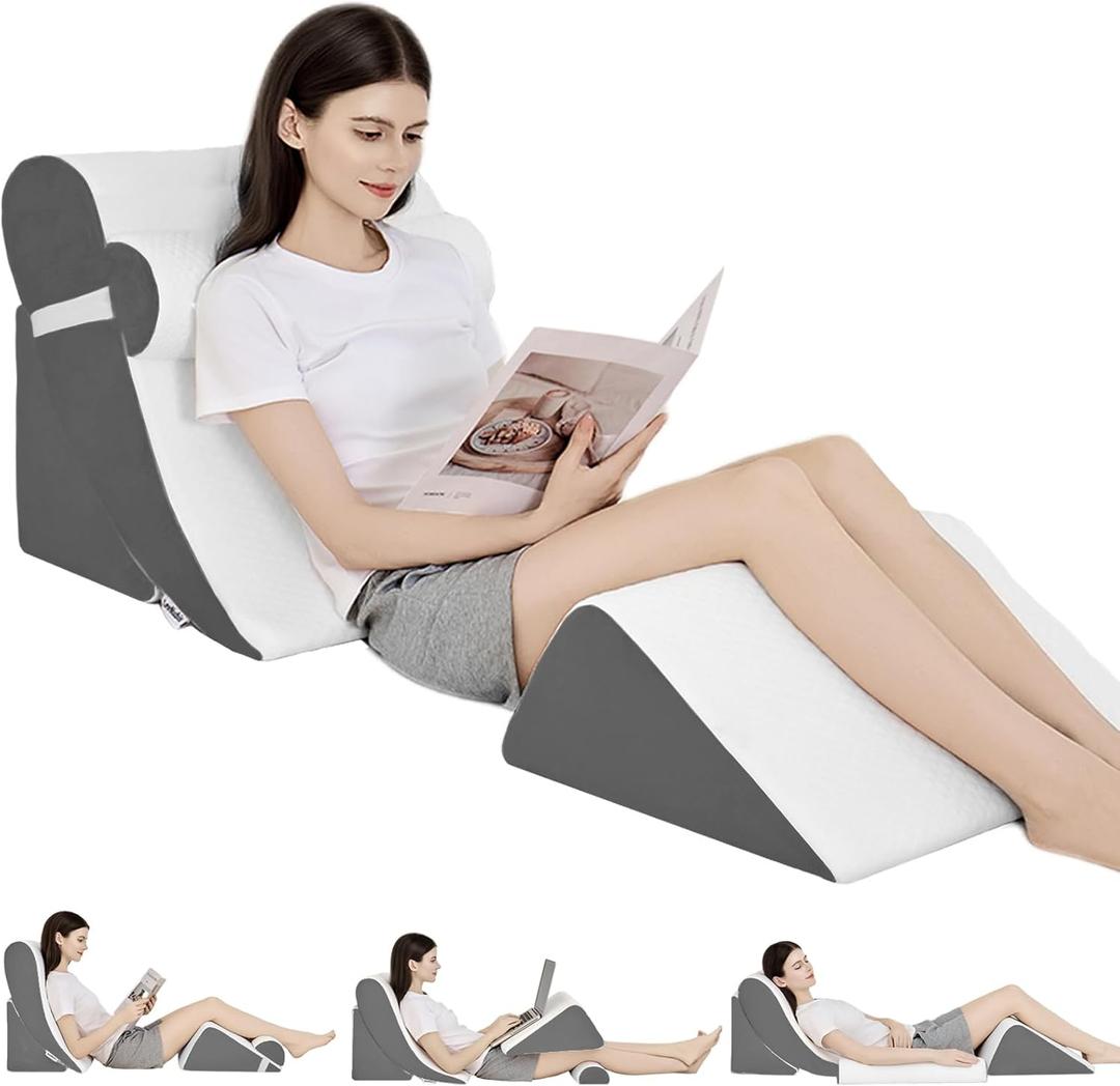 4PCS Orthopedic Bed Wedge Pillow Set for Post Surgery & Pain Relief, Adjustable Wedge Pillow for Back,Acid Reflux,Sitting up in Bed,Recovery,Snoring,Body Pillow for Sleeping (White/Dark Grey)