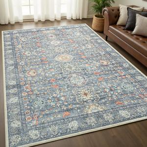 Goideal Washable Rug 4x6, Vintage Area Rugs Non Slip, Indoor Low Pile Carpet with Rubber Backing for Living Room Kitchen Bathroom Entryway Office Bedroom,Grey & Rust