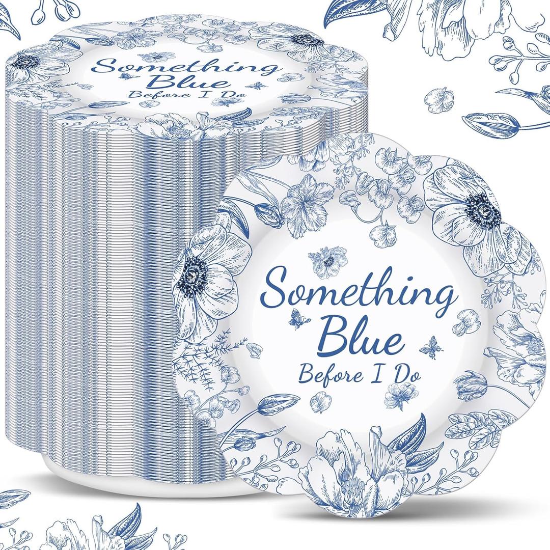 100 Pcs Something Blue Paper Plates Disposable Paper Party Supplies Dinner Dessert Serving Tray Tea Party Plates for Wedding Birthday Baby Shower Bridal Shower Supplies