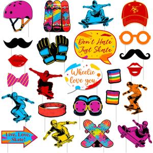 24Pcs Colorful Skateboard Photo Booth Props Kit with Sticks and Adhesive Dots, Neon Skate Party Decorations for Birthday Celebration, Skateboard Theme Table Centerpiece for Boys Girls Teens
