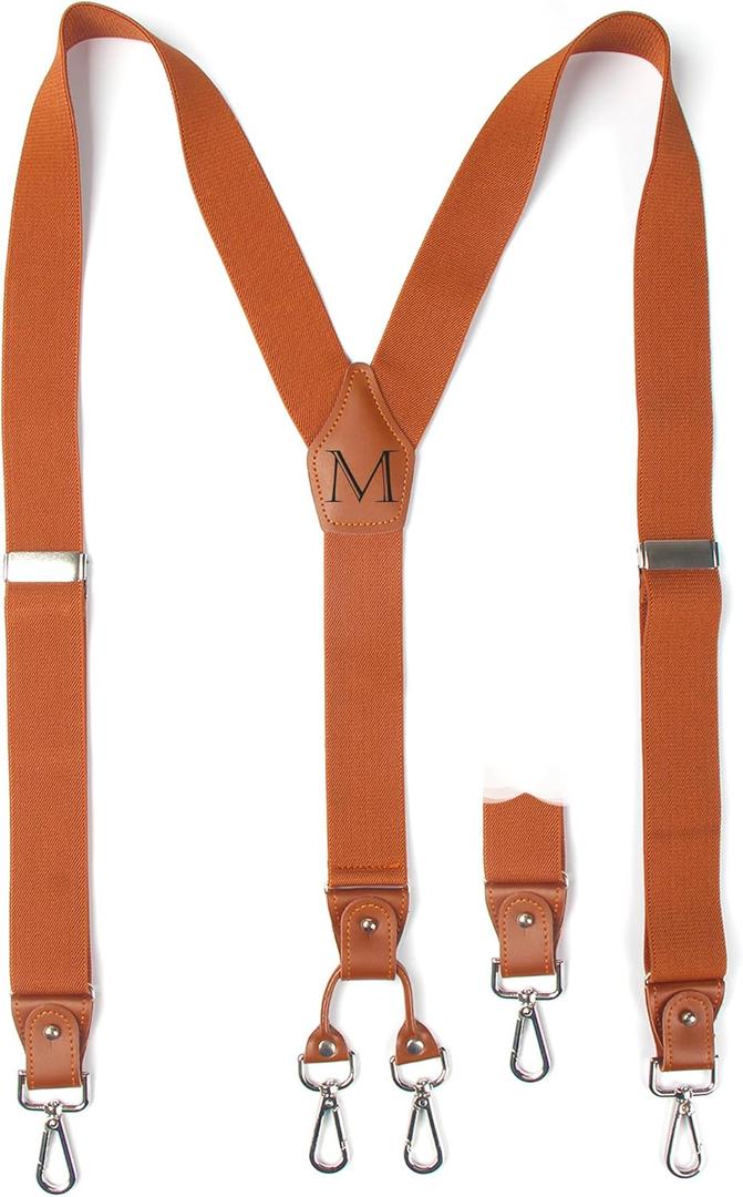 Brown Initial Suspenders for Men Wedding Dress Pants Adjustable 4 to 3 Hooks Elastic Y Back 1.4 Inches (Brown)